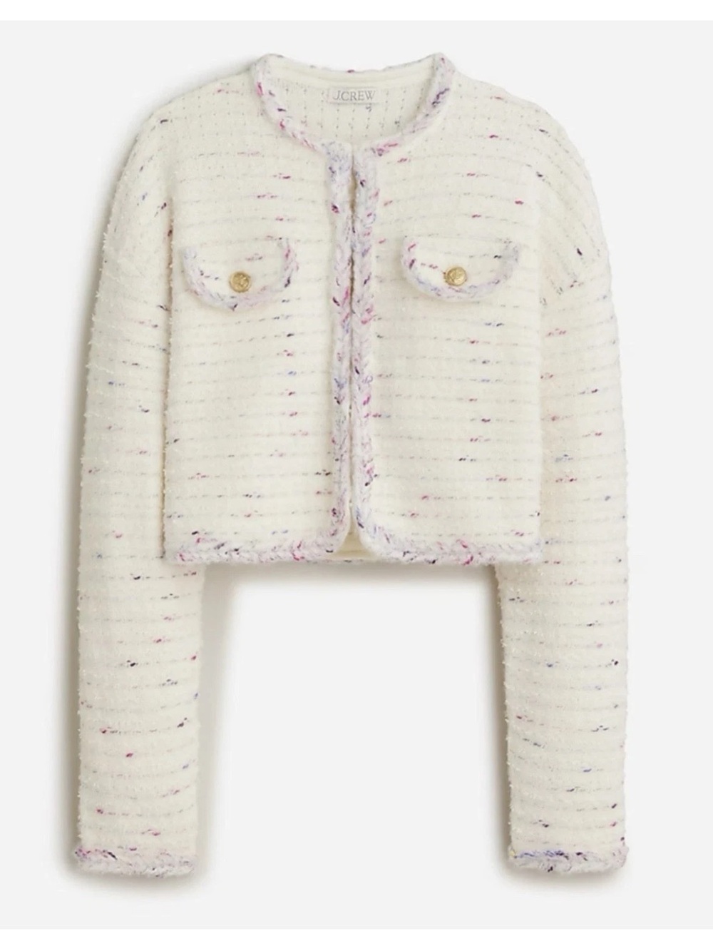 J Crew Cropped Lady Jacket Ivory Marled Yarn Sz Medium Coquette Preppy Old Money